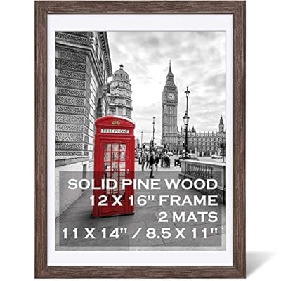 12x16 Rustic Picture Frames Solid Wood Display Pictures 11x14 or 8.5x11 Diplomas with Mat or 12x16 without Mat, Farmhouse Distressed Wooden Picture Frame for Wall or Table Top Display, Dark Walnut