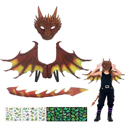 CWENDANER Costume de dragon complet pour enfants avec ailes 3D, masque et queue. Tenue de jeu de rôle dinosaure, pour garçons et filles, Halloween, carnaval,...