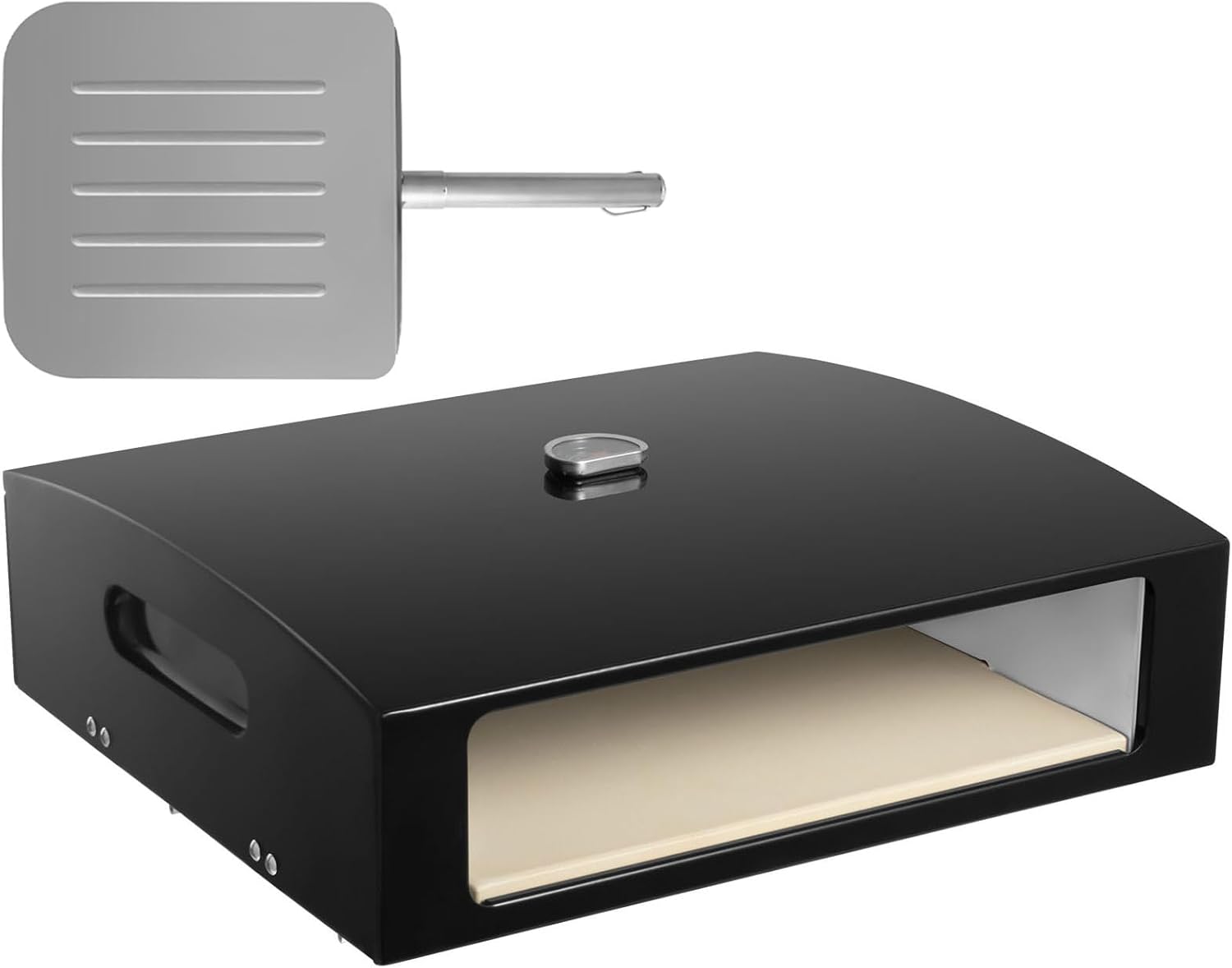 Open Faced Pizza Oven for Grill, Portable Grill Flat Top Pizza Oven with Pizza Stone, Pizza Peel and Temperature Gauge for Charcoal, Gas Grill, Black