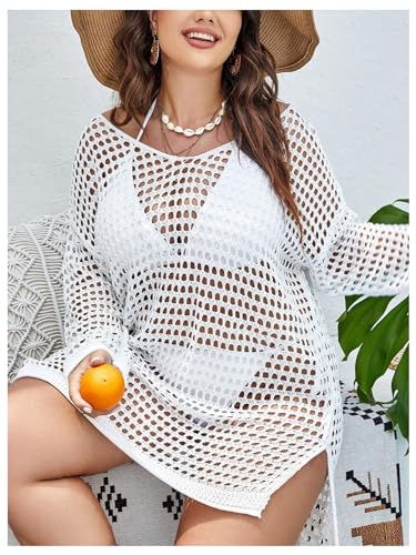 WDIRARA Women's Plus Size Swimwear V Neck Hollow Out Split Hem Bikini Cover Up Long Sleeve Beach Dress3