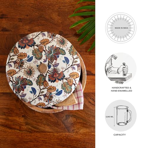 Image of ExclusiveLane 'Floral Chronicles' Wooden Chapati Box for Kitchen with Lid (Mango Wood, 8 inch, 1140 ml) | Hot Case for Roti Casserole for Roti Hot Case Casserole Roti Box Hot Pot for Roti Kitchen