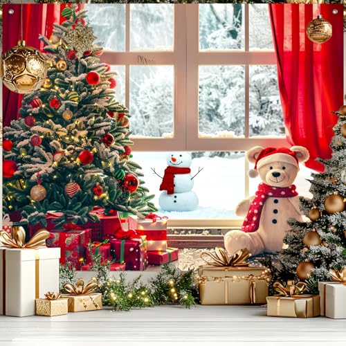 BlissYard Christmas Tree Backdrop Banner 8x6ft Box Teddy Bear Background Snowman Red Curtain Winter Wonderland Happy Christmas Party Decoration Indoor Outdoor Scene by BlissYard - Used condition - US$18.89