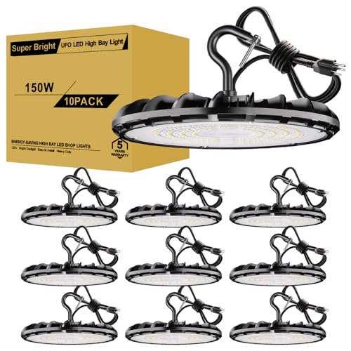 UFO LED High Bay Light 150W 10Pack, High Bay Shop Lights 16,500Lm 5000K with US Plug, Hanging Hook, Safe Rope, IP65 Waterproof Commercial Bay Lighting for Warehouse Factory Barn Shop UL List