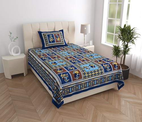 Image of Pure Cotton Single Bedsheet with 1 Pillow Cover, 220 TC Premium Jaipuri Bedsheet for Single Bed | 60x90 Inch - Multicolor Floral Print (Multi 12)