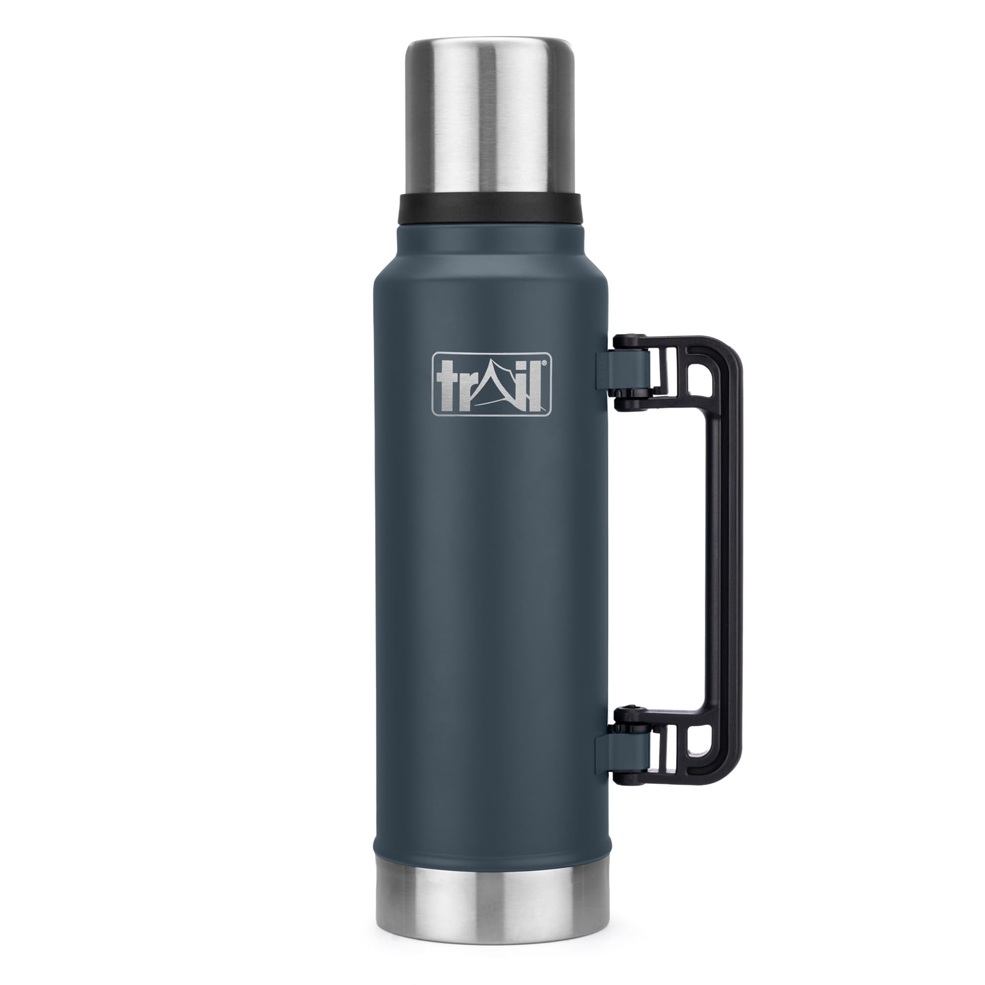 Trail Vacuum Flask with Handle 1300ml, Stainless Steel Thermal Flask for Camping, Hiking & Travel, Keeps Drinks Hot 12hrs / Cold 24hrs, Double Walled, Leak-Proof, Twist-&-Pour Stopper, Lid Cup (Grey)