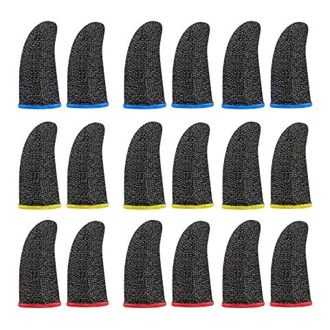 Gwotfy Gaming Finger Sleeves, 18 Pcs PUBG Mobile Game Finger Sleeve Sweat-Proof, Thin Phone Finger Sleeves with Metal Slide Top Container for Touchscreen Smart Phone Games, Gray, Light Gray and Blue Cover