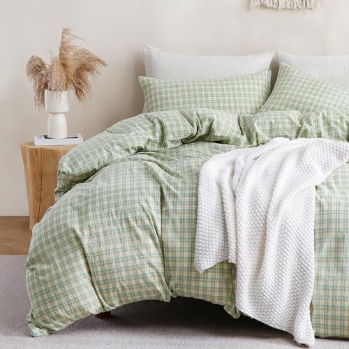 Image of TOCOMOA Plaid Duvet Cover Set 100% Washed Cotton Like Linen Feel Super Soft Comfy 3 Piece Green and Yellow Gingham Checkered Bedding Comforter Cover Set (King 104 inchx90 inch, Comforter Not Included)
