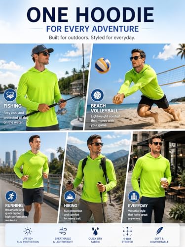 ZITY Long Sleeve Fishing Shirts for Men Mens Sun Shirts UPF 50+ Rash Guard Long Sleeve Sun Protection Hoodie SPF UV Fishing Hiking Shirt Men Fluorescent Green — view 2