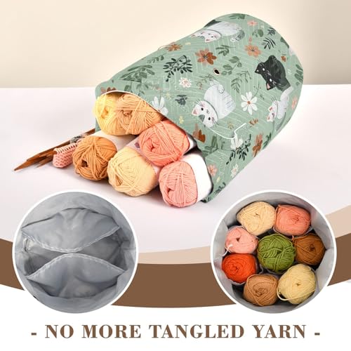 Image of Tatenale Crochet Bag Yarn Bag Knitting Project Bag with Pockets and Handle Portable Yarn Storage Organizer Tangle Free 8.3x11 InchMint Green Floral and Cute Cats02