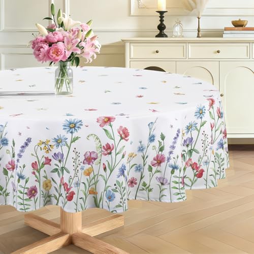 hometrixx Nappe Ronde Anti Tache Fleurs Feuilles Papillons Nappe de Table Printemps Lavable Imperméable Polyester pour Salle à Manger Jardin fête Mariage ou...