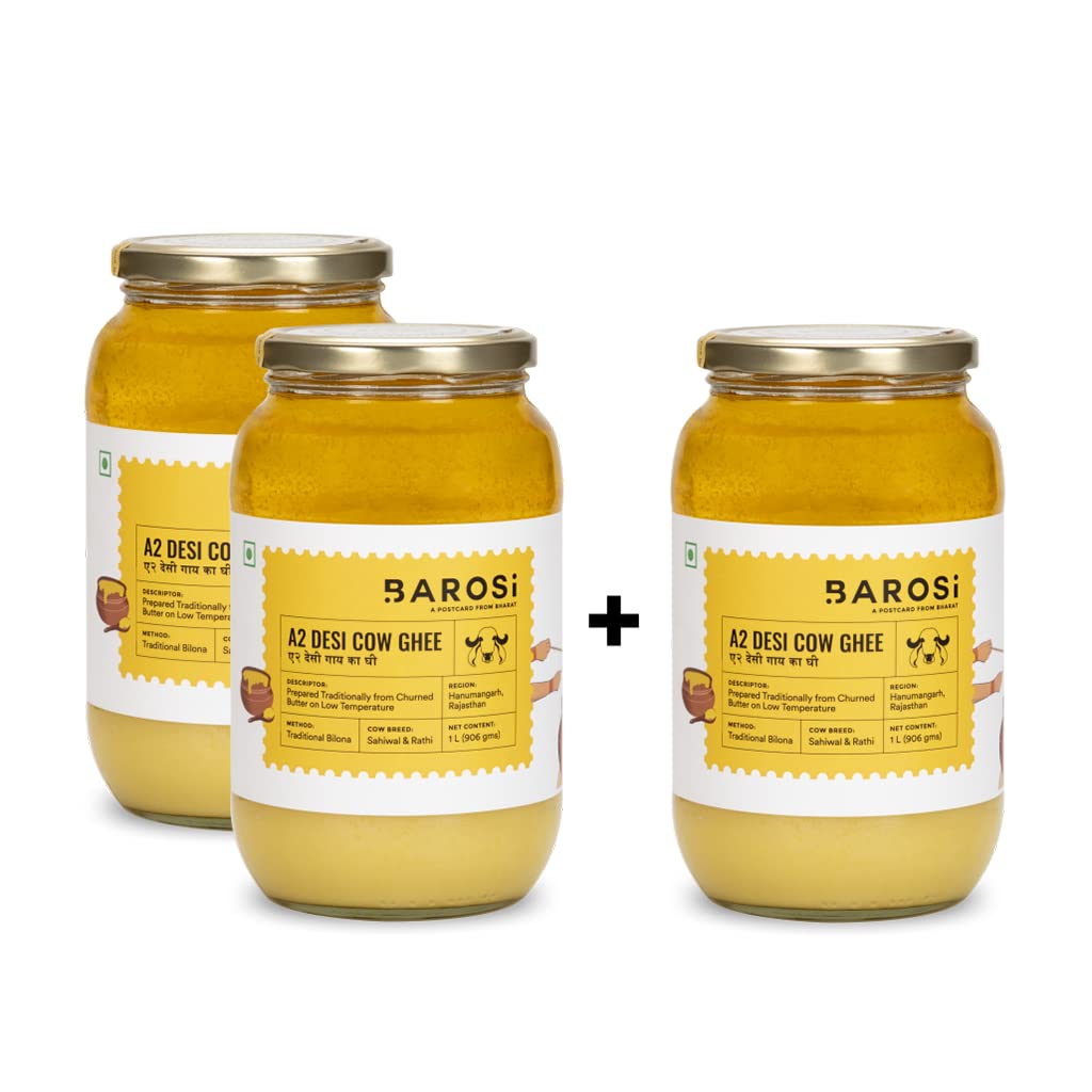 Barosi Premium A2 Cow Ghee 3 Litre Family Saver Pack | A2 Danedar Desi Ghee | Churned from Curd with Bilona Method | Pure & Aromatic | Farm Made in Small Batches | Glass Jar