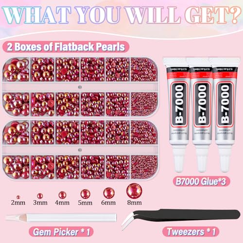 Image of Flatback Pearls for Crafting with 3Pcs 10ml B7000 Jewelry Glue, 2 Boxes of Half Round Red AB Pearls, Bedazzling Beads for DIY Crafts Clothing Tumblers Shoes Embellishment Nail Art
