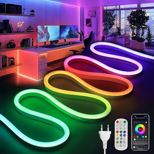 BRIMETI Ruban LED 2M, RGBIC Neon Bande Multicolore App Contrôle 220V Tube LED Flexible Étanche Découpable Synchronisation Musicale Bandeau Lumineuse Led...