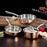 Package includes: Saucepan 7" 2qt., Deep Skillet 9.5" 5.75qt., Deep Skillet 8", and Stainless steel lids, Polished, Gold Made of Non-reactive 18/10 stainless steel interior, aluminum core and hammered copper exterior that is quick to heat and even he...