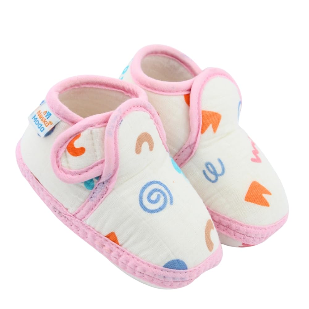 6 To 12 Months Baby Boys & Baby Girls Flower & Circle Pink Muslin Hook & Loop Booties-BT5489-image-20