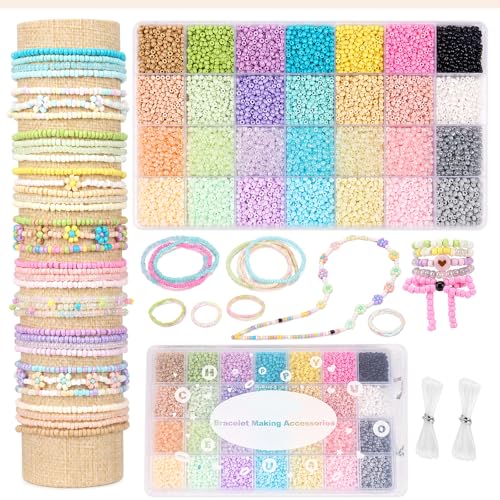 LEMONSTONE 10000 3mm Perlen für Armbänder Selber Machen 28 Pastell Basis Farben Set mit Elastikfaden & Aufbewahrungsbox Perlen zum Auffädeln für DIY Schmuck Freundschaftsarmbänder & Kinder Basteln