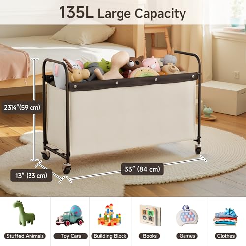 StorageWorks Toy Box with Wheels for Kids, 135L Large Toy Storage Chest and Organizer, 23" Metal Toybox with 360° Swivel Wheels for Bedroom, Kids Room, Stuffed Animal Storage, Beige — view 2