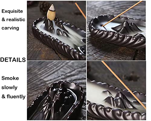 Allace Waterfall Backflow Incense Burner Ceramic, Handmade Incense Cone Holder For Sticks, Aromatherapy Ornament Home Decor Porcelain Yoga Meditation Spa Relaxation Office Funny Gift With 10 Cones #TOP4