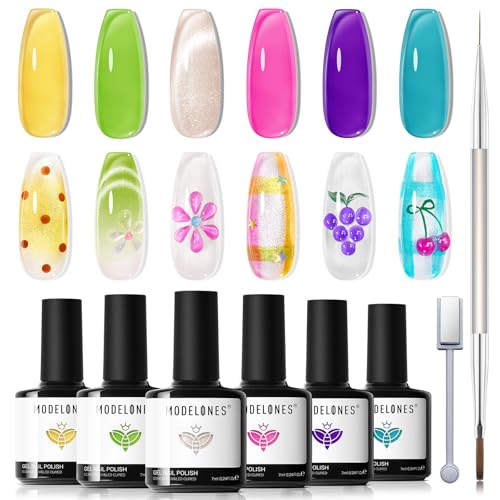 Image of modelones Gel Nail Polish Set, 6 Colors 2026 Summer Nude Cat Eye Gel Polish Translucent Bright Neon Hot Pink Yellow Green Purple Blue Sheer Jelly Nail Polish W Magnet & Liner Nail Brush LED Gift