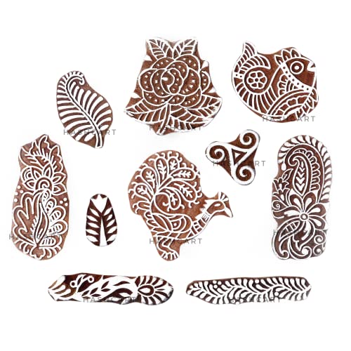 Image of Hashcart | Set of 10 | Wooden Multi Shape Floral Design Printing Stamps for Scrapbooking | Handcarved Blocks for Project Making | Henna Mehndi | Kids & Art Project | Fabric Textile | Pottery Craft