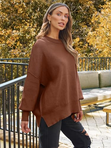 Image of LILLUSORY Women's Oversized Batwing Sweaters 2026 Fall Outfits Trendy Crewneck Knit Side Slit Fashion Pullover Tops