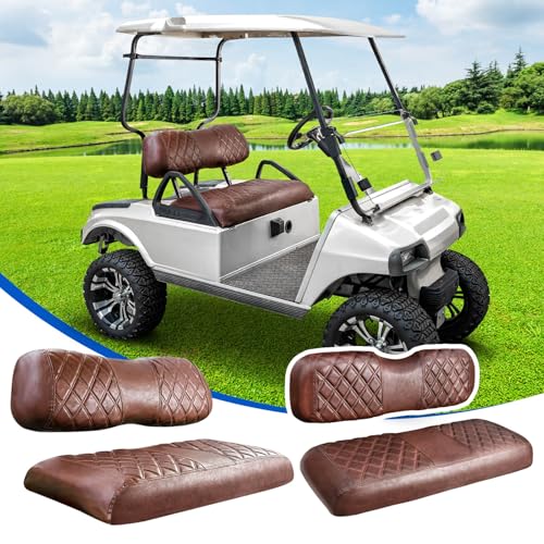 NOKINS 4PCS Golf Cart Diamond Seat Covers Kit Front and Rear Seat Covers Fits Club Car DS 2000.5-Up Standard Seat Cushion Club Car DS Vinyl Seat Covers Accessories (Brown Brown 8438)