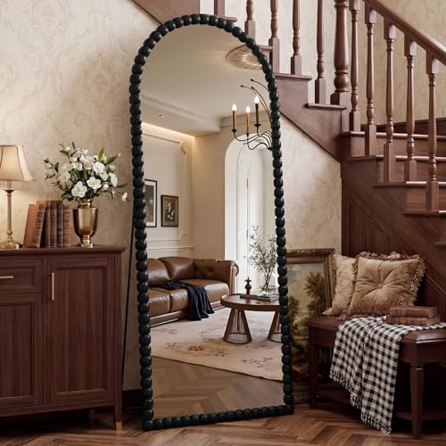 Image of Vintage Full Length Mirror with Stand, 71x28 Inch Arched Beaded Full Body Mirrors, Large Floor Mirror Standing Mirror Full Length Wall Mounted Decor for Bedroom Living Room Cloakroom, PU Frame, Black