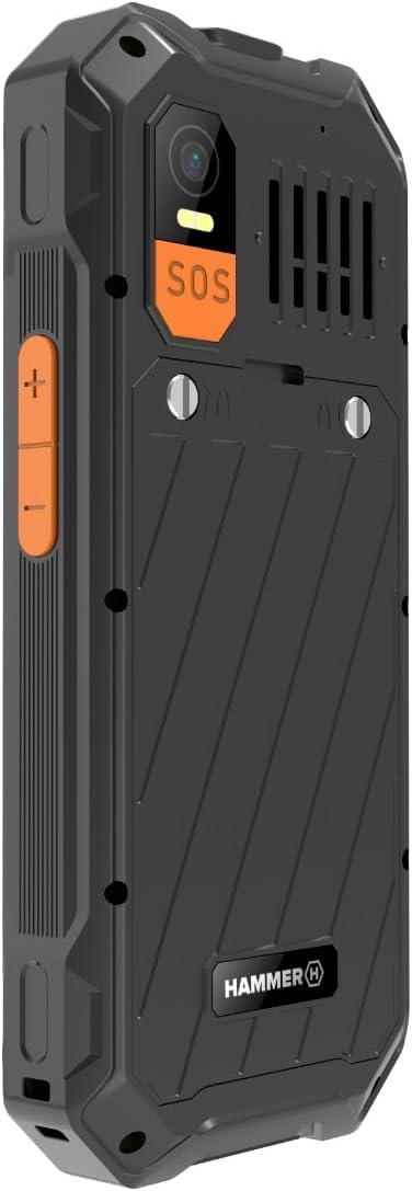 Back view of the Hammer 6 LTE phone showing the orange SOS button and camera