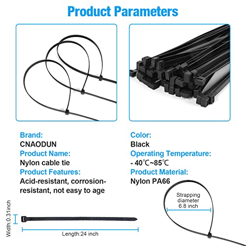 Cnaodun 50Pcs Cable Zip Ties Heavy Duty 24 Inch （With Wire Cable Cutter）Plastic Large Long Black Nylon Zip Ties With 180 Pounds Tensile Strength For Outdoor…… #TOP1