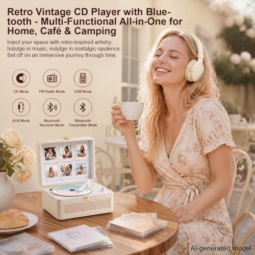 Image of Gueray CD Player Portable Bluetooth: Retro CD Players with Speakers Vintage CD-Player 3600mAh Rechargeable & Radio & Remote Control Support USB /AUX Playback Headphone Jack (White)
