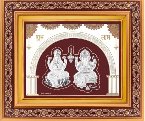 Image of 999 Pure Silver Laxmi Ganesh Frame | Divine Home Decor | Wall Mount Square Photo for Gift, Wooden PhotoFrame, Temple & OfficeDecor | hangingframe (10.50 inch x 9 inch Inch)