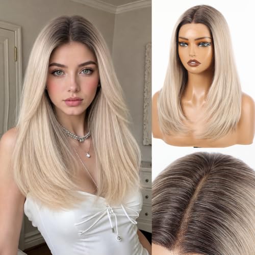 Image of EMMOR Human Hair Wig for Women 13x5x1 Inch HD Lace Front Wig 18 Inch Layered Glueless Wigs Pre-Plucked Hairline Human Hair Blend Premium Synthetic Fiber for Everyday Wear(Ombre Gray Blonde)
