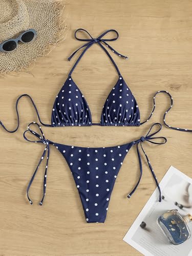 Image of Tainehs Women's Sexy Halter Thong Bikini Tie Two Sides Bottom Triangle Bikini Swimsuits