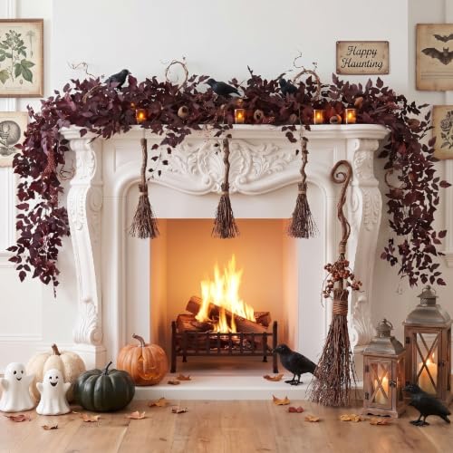 Image of Neutral Fall Garland for Mantle Fireplace - 6Ft Plum Cimicifuga Seeded Leaf Garlands Purple Autumn Decor Table Decorations for Home Indoor Door Halloween Realistic Leaves Garlands Outdoor