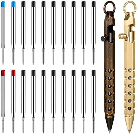 Origin-Joy 2 Pack Bolt Action Pen Set, Six Edge Solid Brass EDC Pocket Tactical Pen With 20 Ballpoint Refills (Natural Brass & Retro Black)