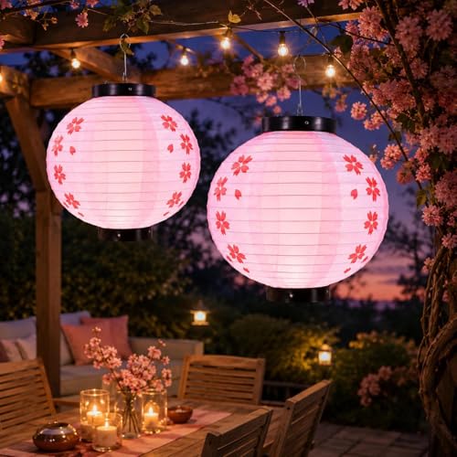 Image of LOGOFUN 2pcs Japanese Style Hanging Lantern Pink (30cm) | Paper Material; Cherry Blossom Pattern; For Sushi Restaurant Indoor Outdoor Decorations