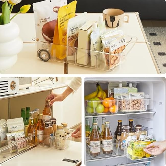 Fridge Organizer Bins With Wheels, 2 Pack Roll Out Refrigerator Organizers And Storage Refrigerator Drawer With Dividers, Upgrade Thick Plastic Pantry Storage Bins, Kitchen Organization