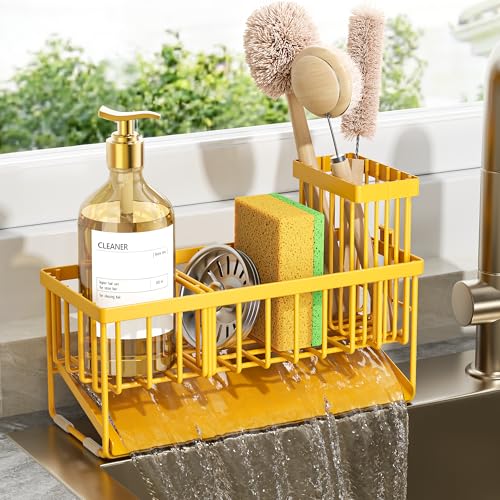 Cisily Yellow Sink Caddy Organzier with High Brush Holder, Sponge