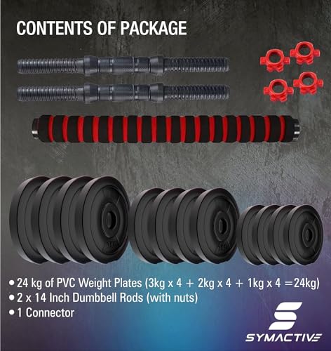 Image of Amazon Brand - Symactive PVC 24 Kg 3-in-1 Convertible Dumbbells Kit for Workout (1 Kg x 4 + 2 Kg x 4 + 3 Kg x 4 PVC Weight, 14'' Dumbbell Rods Pair & Nuts, 1 Cushioned Connector Rod) | Multicolor