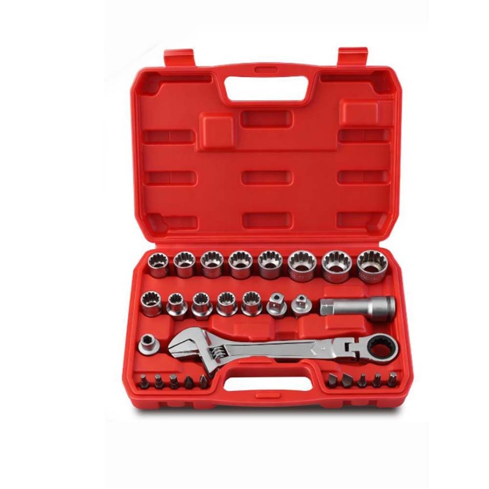 EasyByMall Set di chiavi a bussola a cricchetto da 28 pezzi, 10-24 mm, 12 punti, con adattatori a sgancio rapido, strumento 3 in 1 per punte Torx esagonali