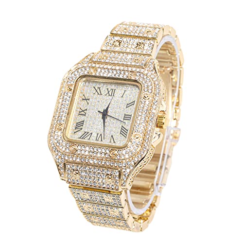 Halukakah Diamonds Gold Watch Iced Out,Men's 18K Real Gold Plated 40MM Width Square Dial Quartz Wristband 9.5