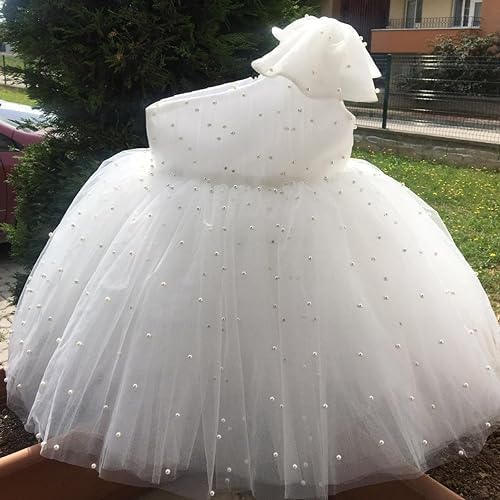 Baby Tulle Dress Ball Gown - Toddler First Birthday Party Outfit - One Shoulder Dress with Pearls - Off-Shoulder Style for Baby Girls - Elegant Tulle Gown for Weddings & Special Occasions2