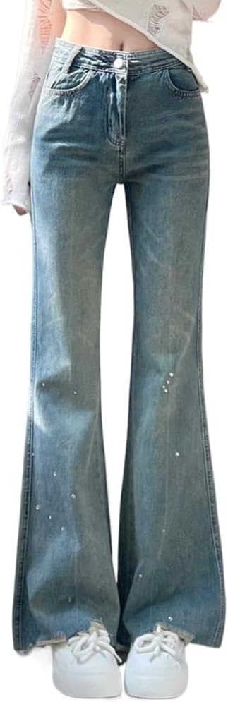 Light Colored Jeans for Women in Autumn American Style Waist Loose Wide Legs Slimming Straight lace Pants
