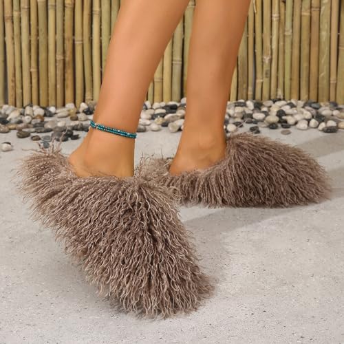 Image of Unisex Fuzzy Faux Fur Slippers, Women's Fluffy Long Hair Sheep Faux Fur Slip on Slides, Girls Luxury Big Fluffy Outdoor Flat Slippers, Long Curly Hair Non-Slip Warm Home Slide Shoes