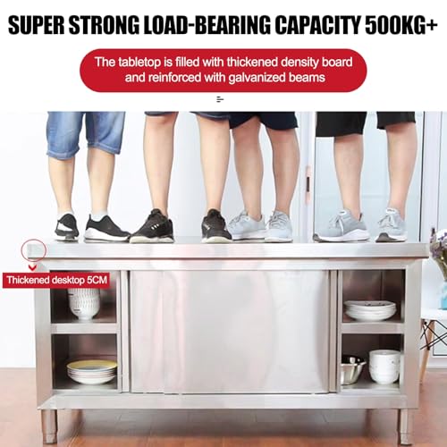 Mesa de trabajo comercial de acero inoxidable con puertas correderas de gabinete, mesa de preparación ideal para cocina, restaurante, hotel, garaje, fácil de limpiar