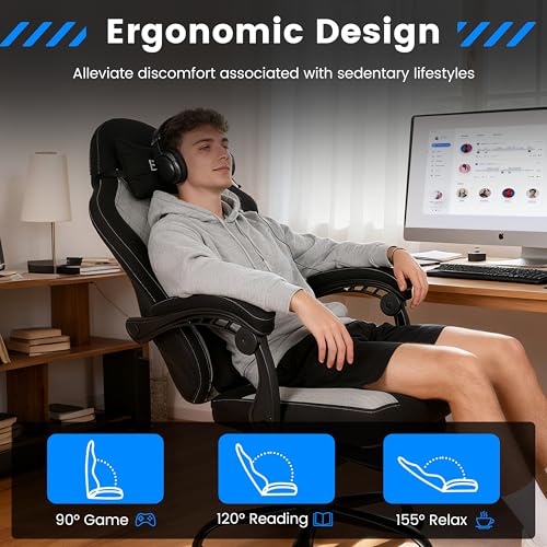Image of Gaming Chair, Ergonomic Computer Chair with Footrest and Lumbar Support, Height Adjustable Office Chair with 360 Swivel Seat and Headrest (Black)