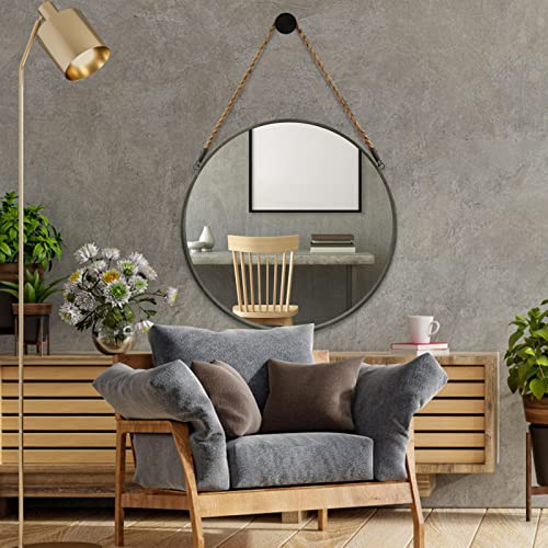 POZINO Round Hanging Mirror, Circle Wall Mirror with Rope, 20 Inch Farmhouse Mirrors for Bathroom Bedroom Living Room Entryway Home Decor, Grey - Image 4