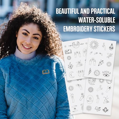 Image of 52 Pcs Water Soluble Embroidery Patterns Sun Crescent Moon Witchy Hand Patterns Stick and Stitch Transfer Embroidery Paper for Adult Beginners Hand Sewing Starter Kit