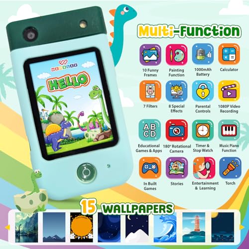 Image of Wembley My First Smart Phone| Dino Themed Mini Educational Toy with Rotating Camera| Fun & Learning Mobile for Kids Age 3+| Adorable, Smart & Entertaining Baby Phone (Dino)