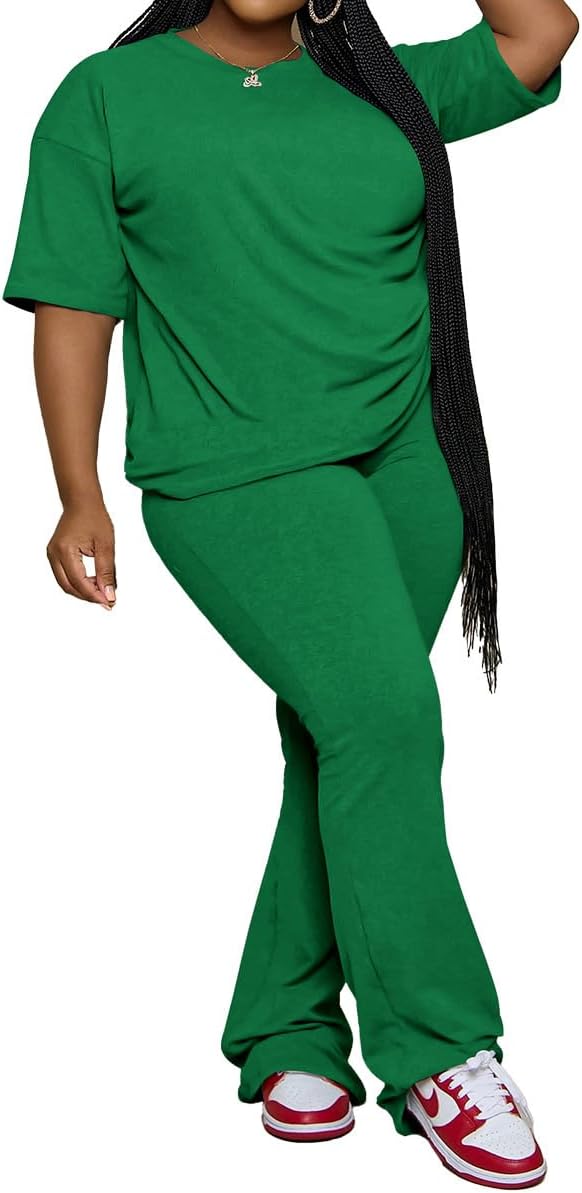 PINSV Womens Plus Size Sets 2 Piece Outfits Casual Short Sleeve Top and Flare Pants Tracksuit